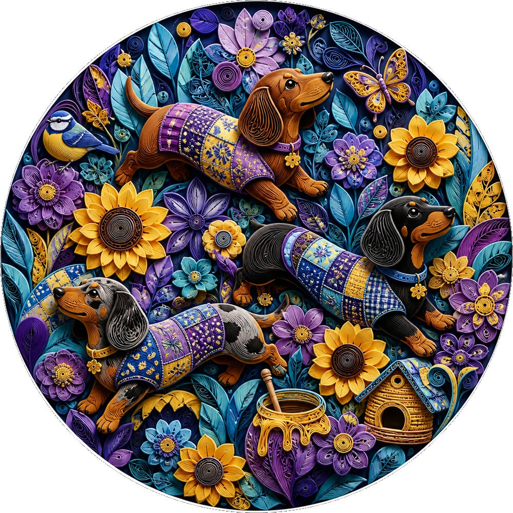 Honeyed Dachshund Flower Parade Round Puzzle - puzzle artwork