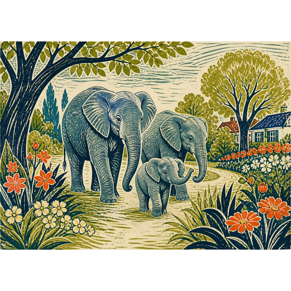 Vibrant Elephant Family Landscape Puzzle - puzzle artwork