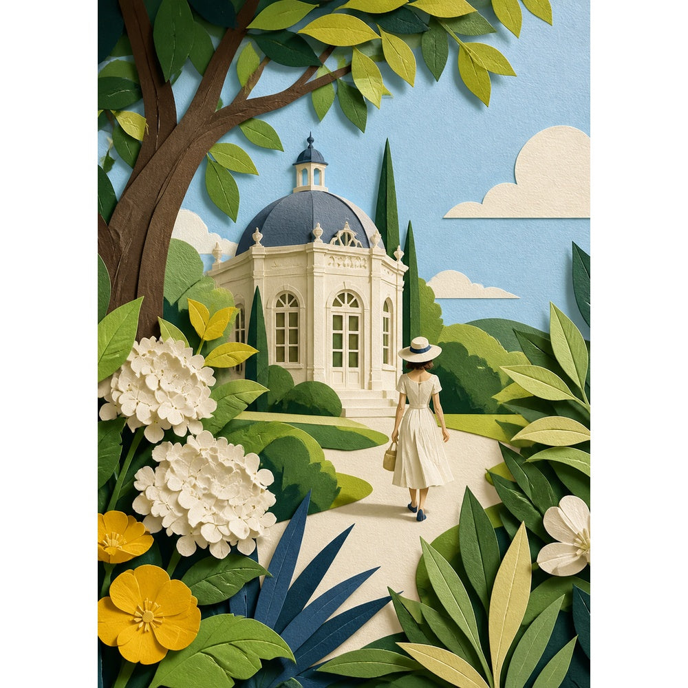 Golden-Hour Paper-Cut Garden Portrait Puzzle - puzzle artwork