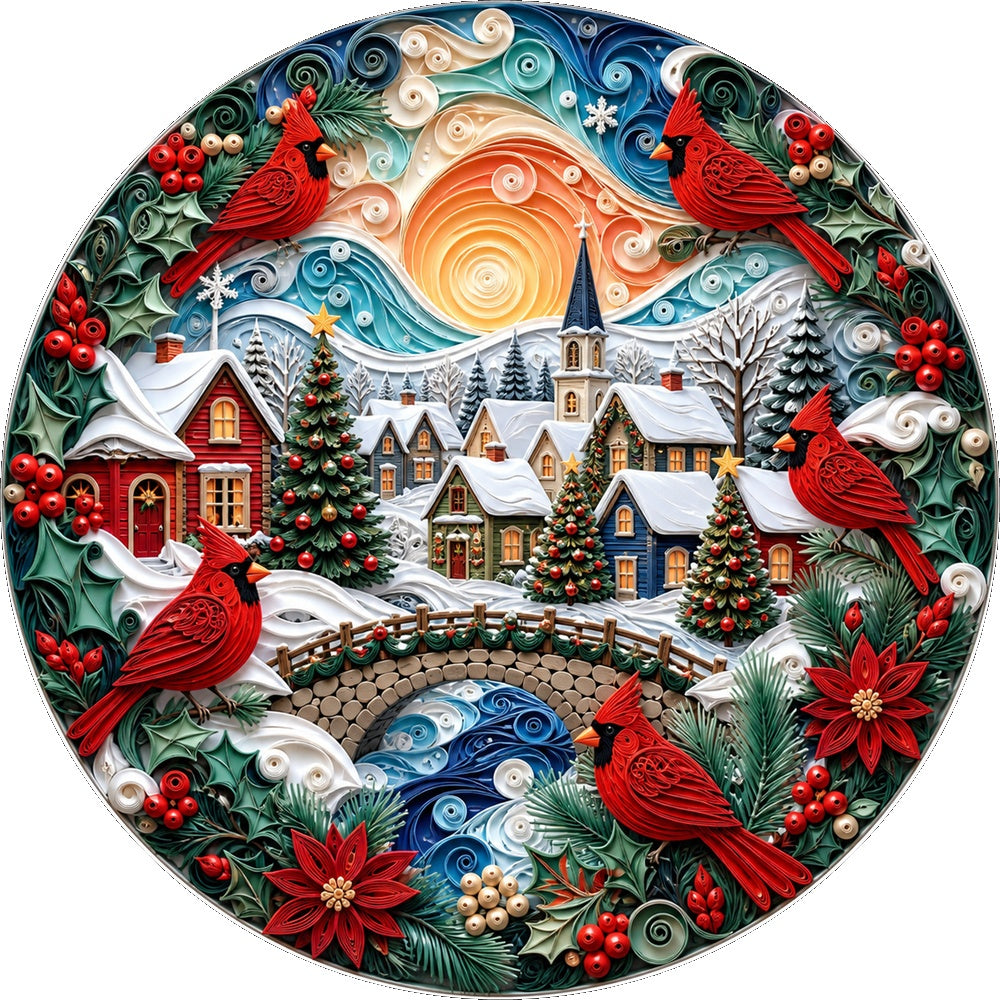 Crimson Cardinal Winter Village Round Puzzle - puzzle artwork