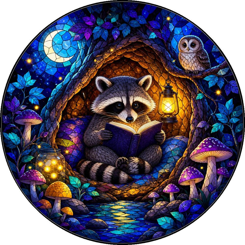Moonlit Raccoon Reading Hollow Round Puzzle - puzzle artwork