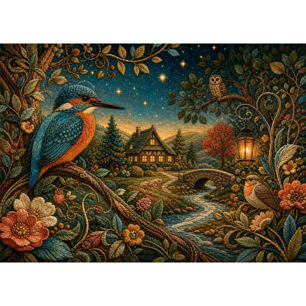 Starlit Embroidered Woodland Landscape Puzzle - puzzle artwork