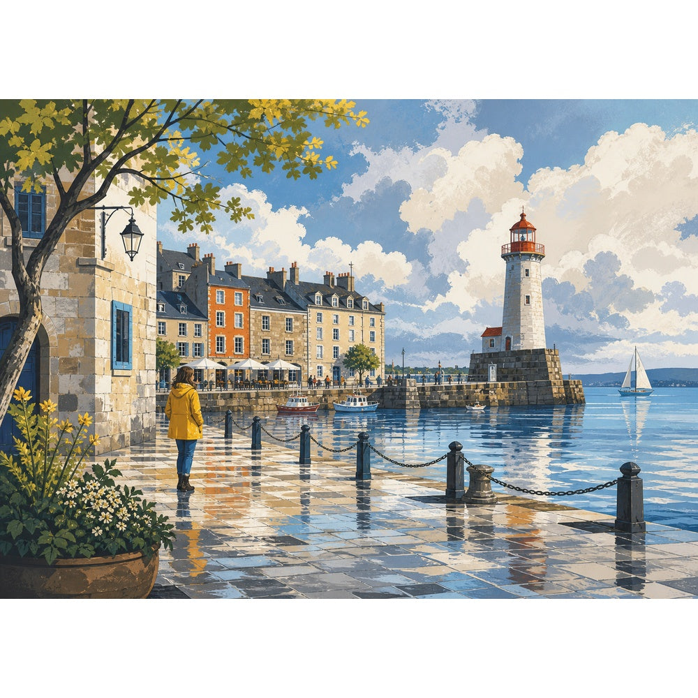 Rain-Washed Lighthouse Harbor Landscape Puzzle - puzzle artwork