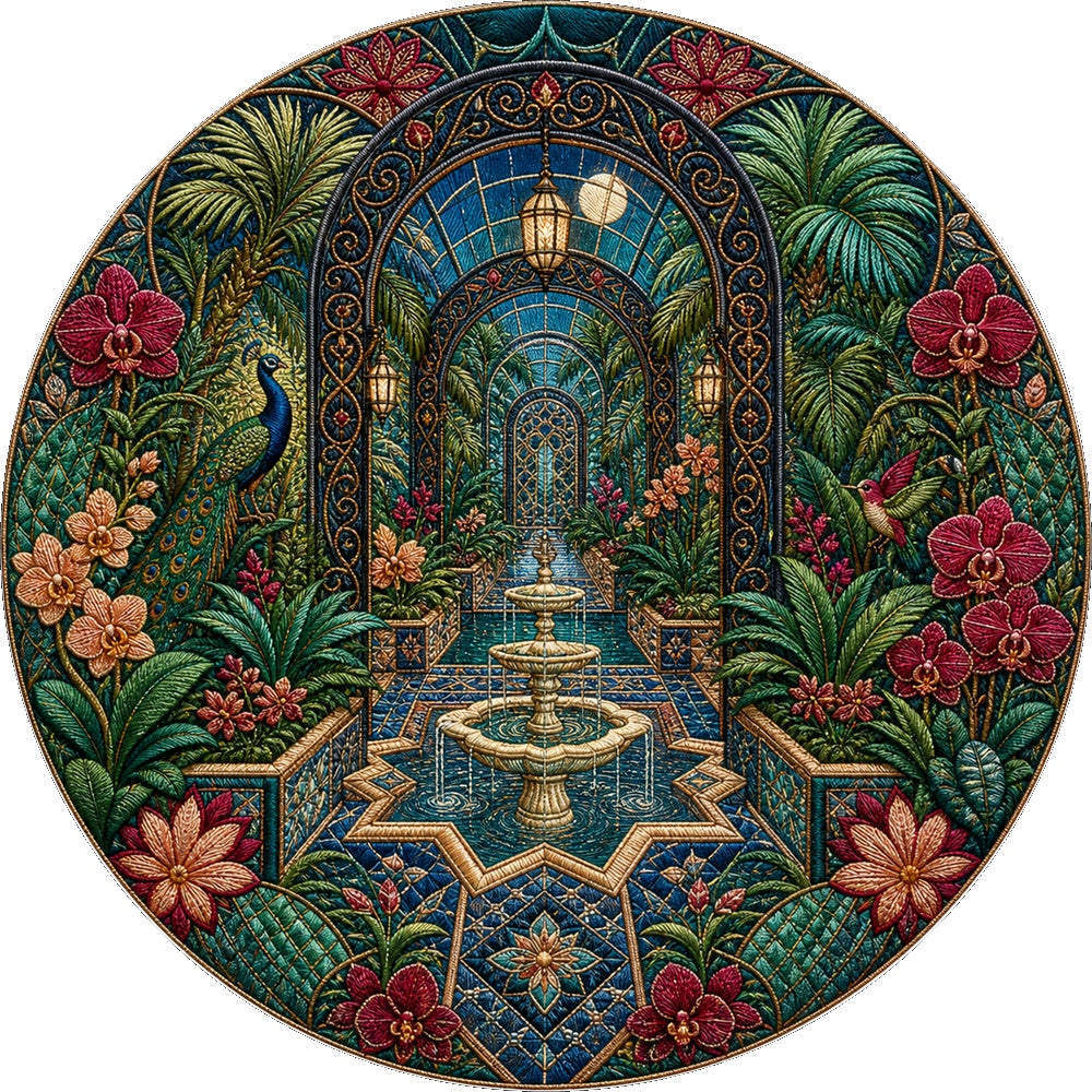 Moonlit Botanical Greenhouse Maze Round Puzzle - puzzle artwork