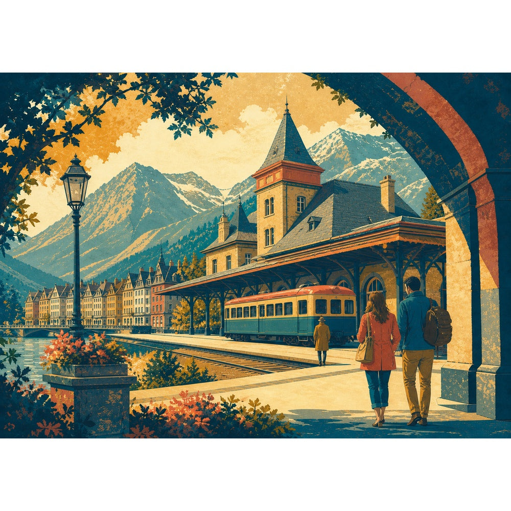 Luminous Mountain Railway Station Landscape Puzzle - puzzle artwork