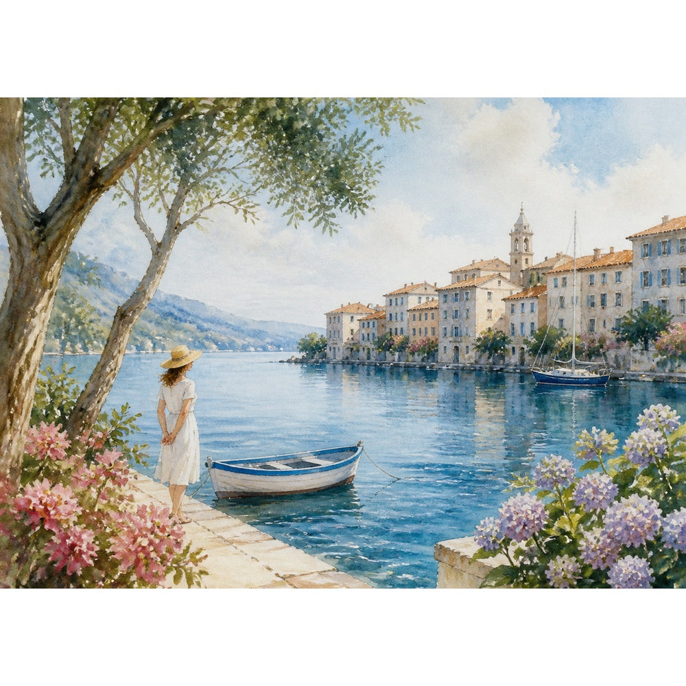 Story-Rich Watercolor Harbor Landscape Puzzle - puzzle artwork