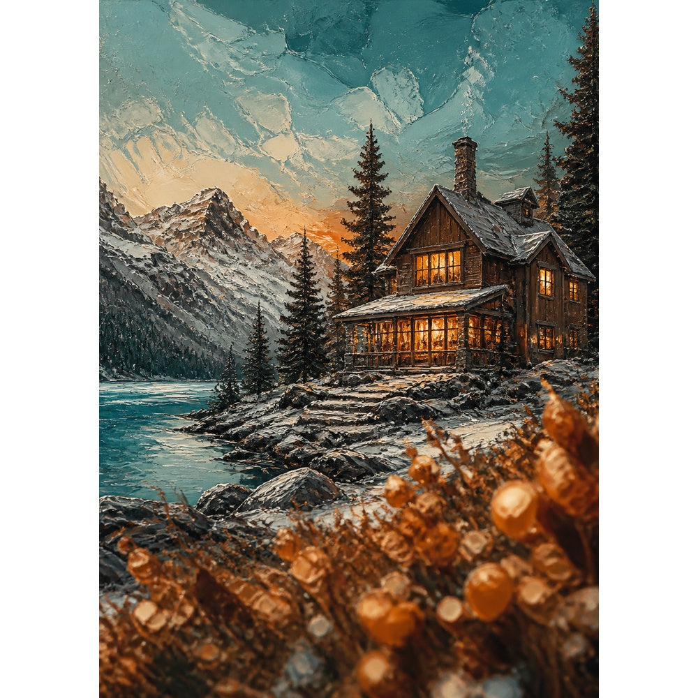 Rain Washed Winter Cabin Lights Oil Impasto Portrait Puzzle - puzzle artwork