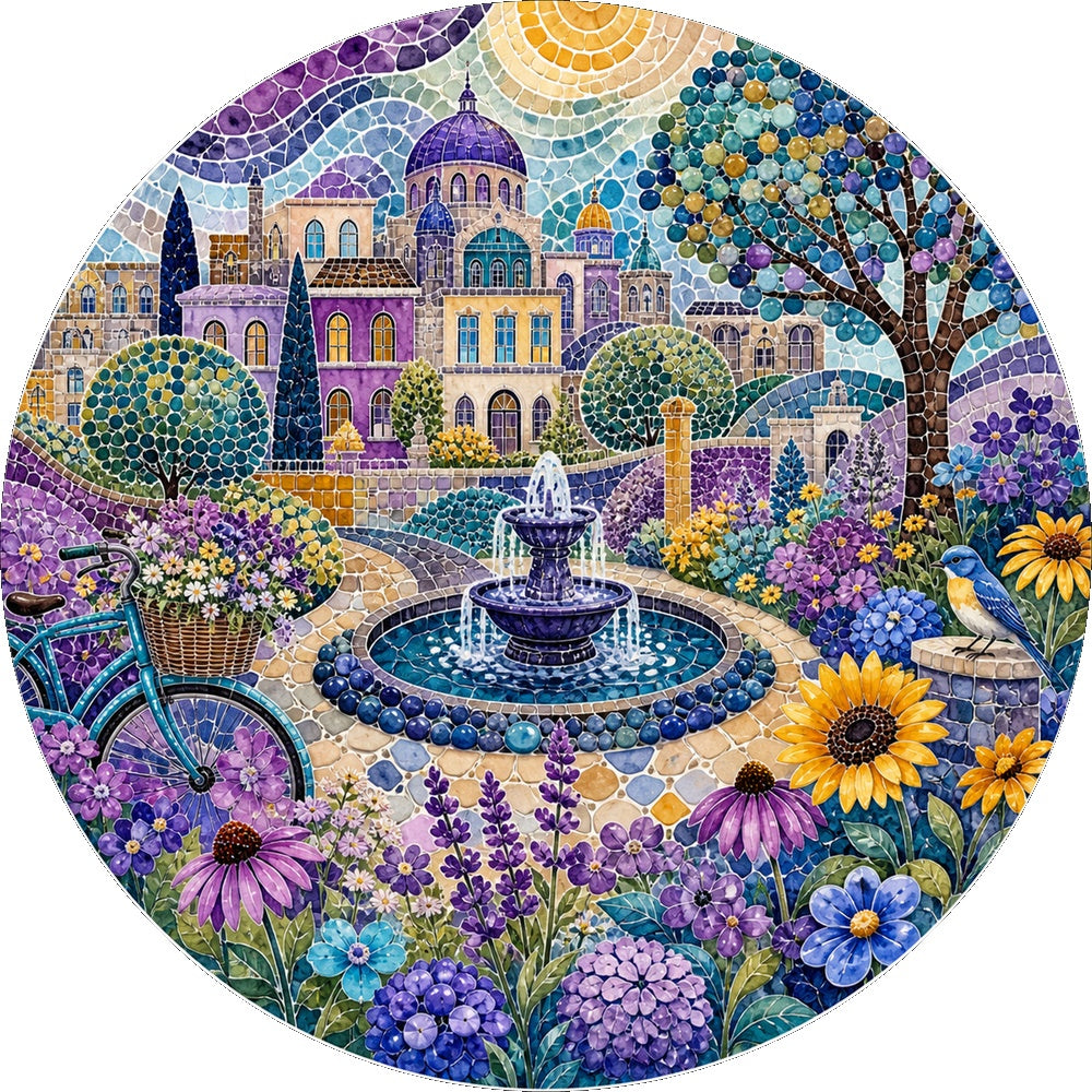 Wildflower Watercolor City Garden Round Puzzle - puzzle artwork
