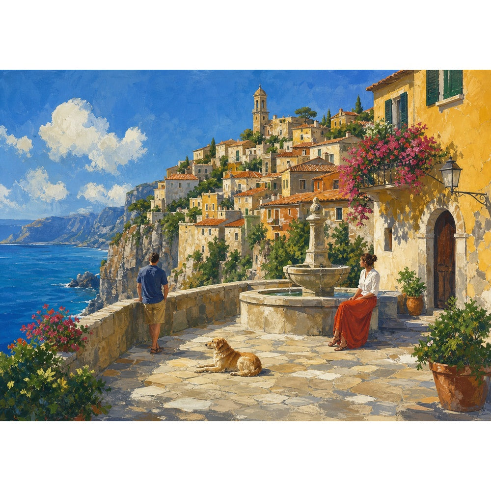 Sunlit Cliff Village Landscape Puzzle - puzzle artwork