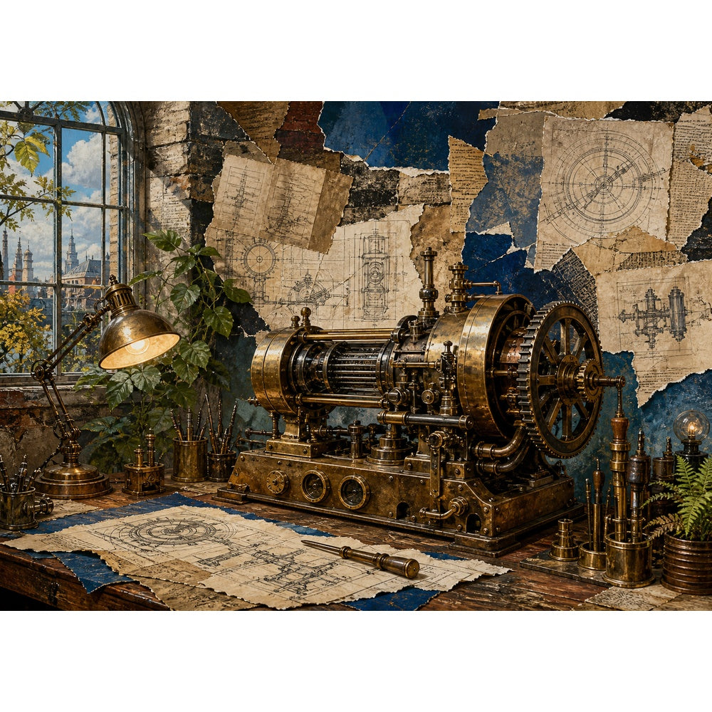 Moonlit Inventor Workshop Surreal Collage Landscape Puzzle - puzzle artwork