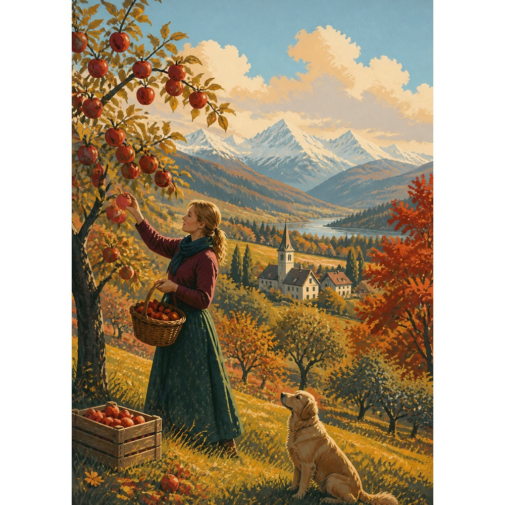 Moonlit Autumn Apple Orchard Travel Poster Portrait Puzzle - puzzle artwork