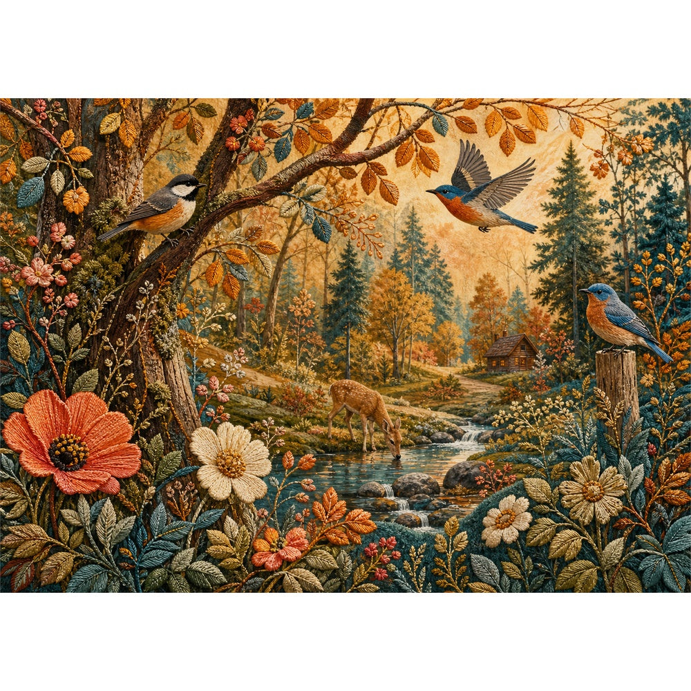 Amber Embroidered Woodland Landscape Puzzle - puzzle artwork