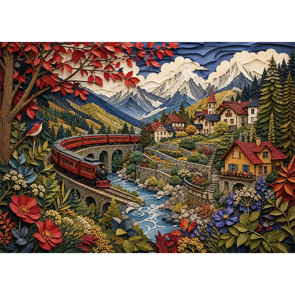 Sunlit Mountain Railway Town Landscape Puzzle - puzzle artwork