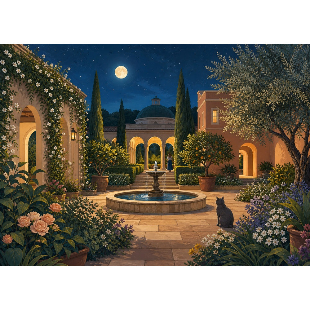 Moonlit Garden Courtyard Landscape Puzzle - puzzle artwork