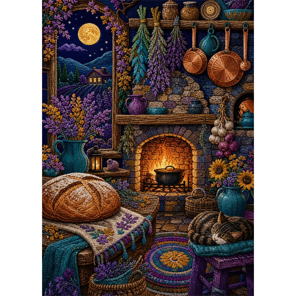 Golden Moonlit Kitchen Hearth Portrait Puzzle - puzzle artwork