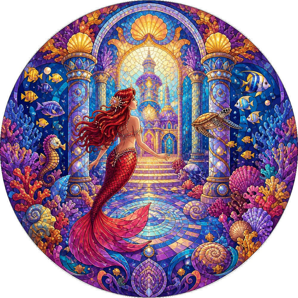 Crimson Mermaid Coral Palace Round Puzzle - puzzle artwork