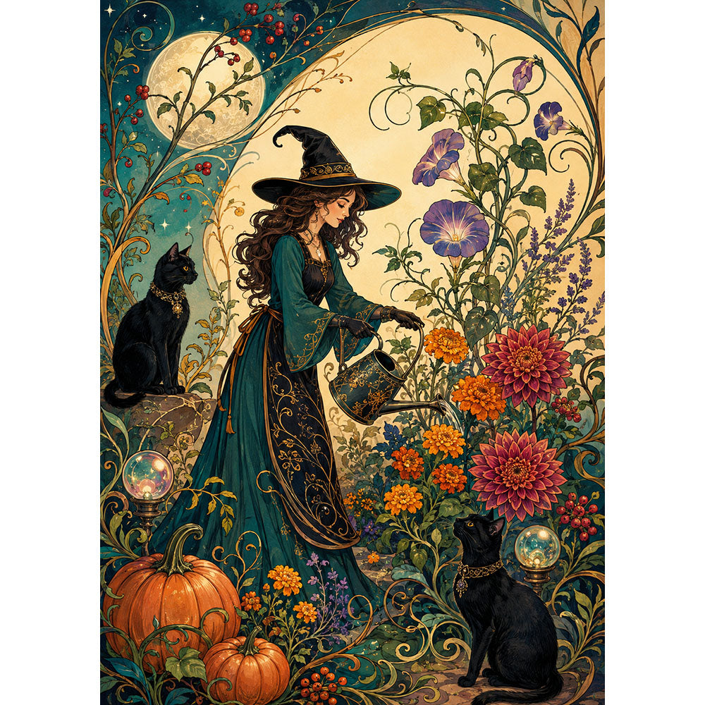 Art Nouveau Witch Moon Garden Jigsaw Puzzle - puzzle artwork