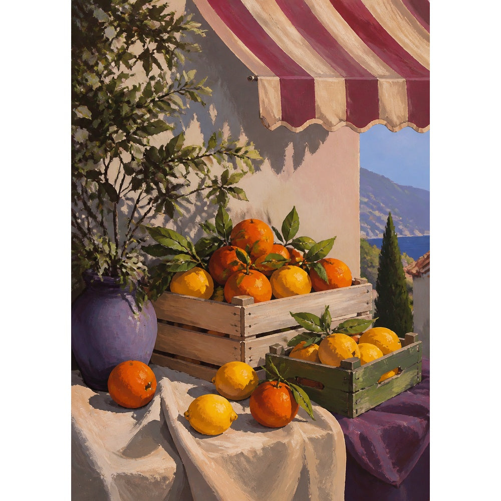 Sunlit Citrus Market Gouache Portrait Puzzle - puzzle artwork