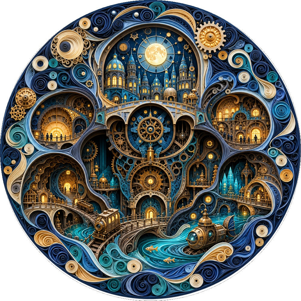 Moonlit Clockwork Underground City Round Puzzle - puzzle artwork