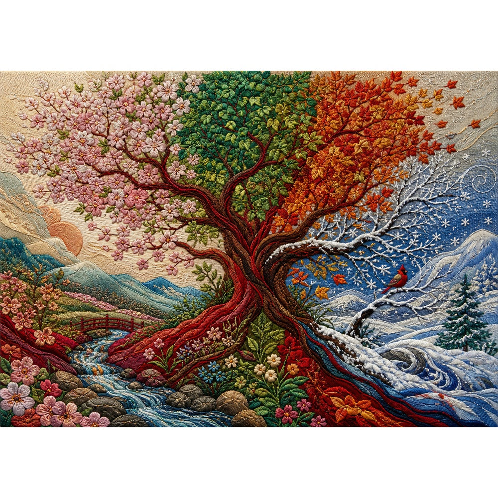 Crimson Four Seasons Tree Landscape Puzzle - puzzle artwork