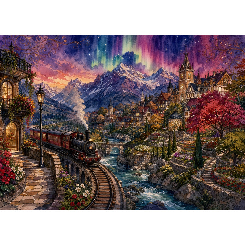 Aurora Mountain Railway Town Landscape Puzzle - puzzle artwork
