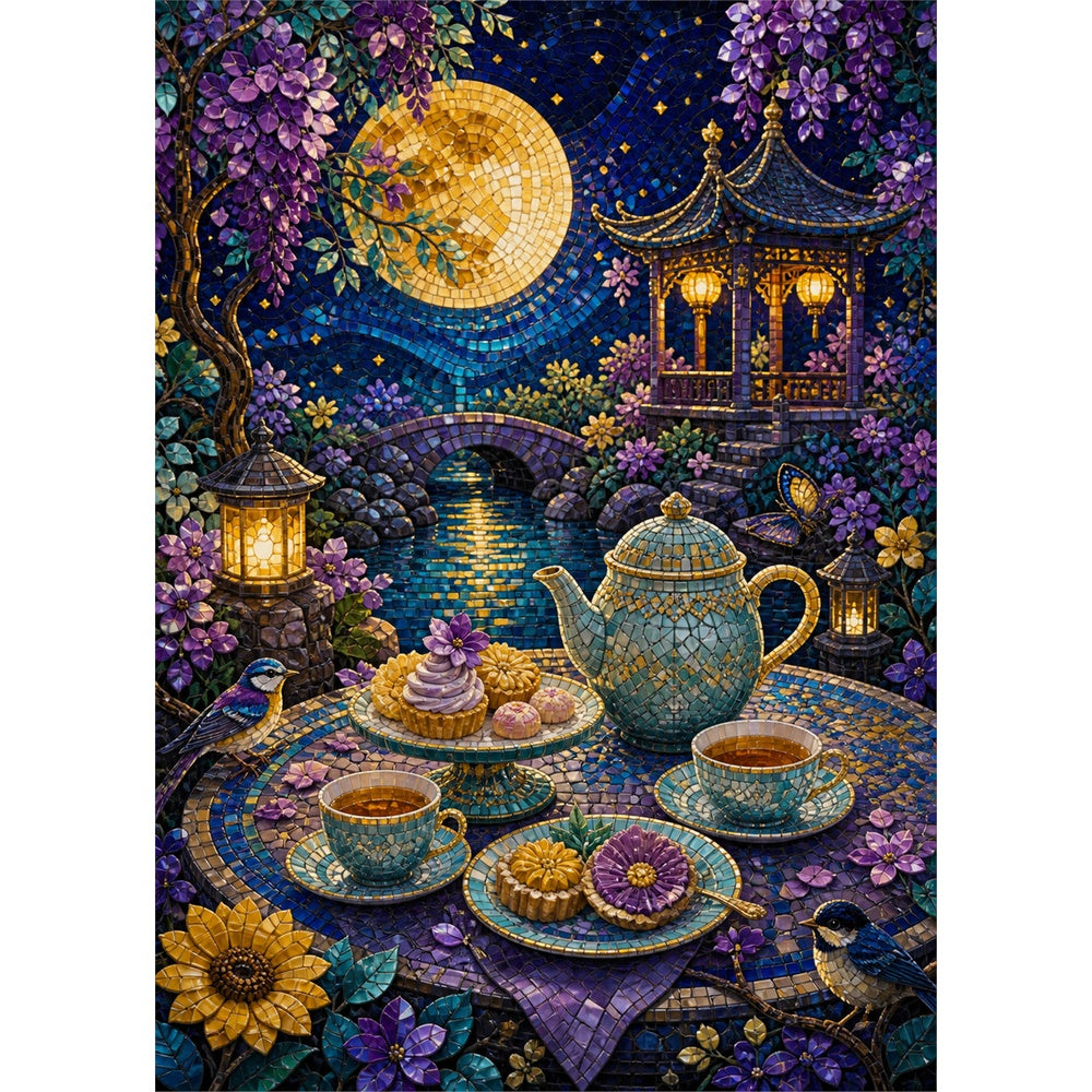 Golden Moonlight Tea Garden Portrait Puzzle - puzzle artwork