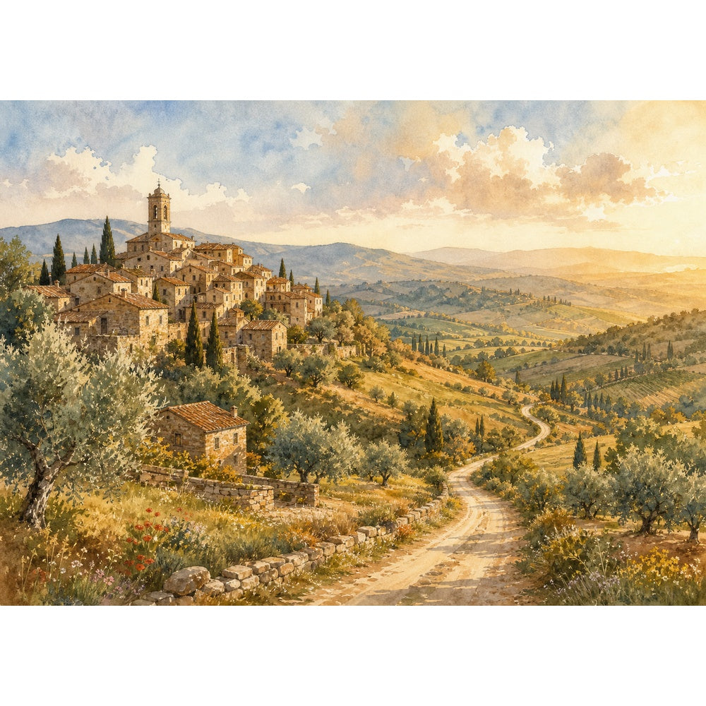 Golden Hour Hill Town Watercolor Ink Landscape Puzzle - puzzle artwork