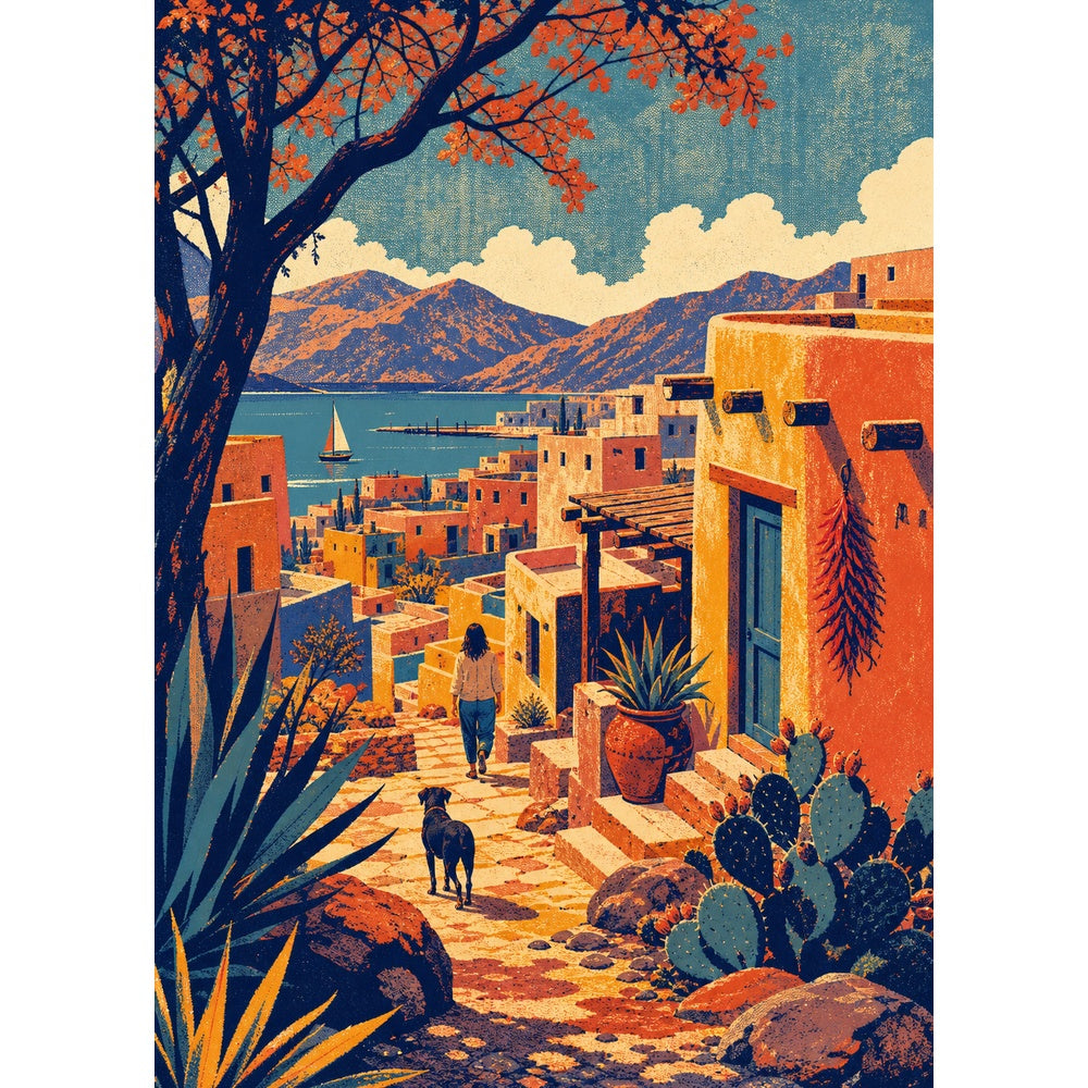 Vibrant Desert Adobe Town Portrait Puzzle - puzzle artwork