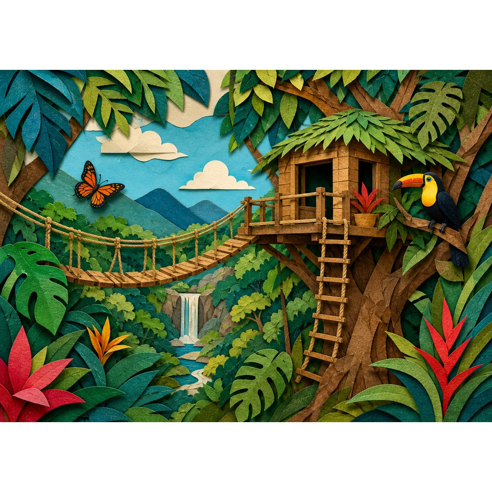 Quiet Jungle Treehouse Paper Cut Collage Landscape Puzzle - puzzle artwork