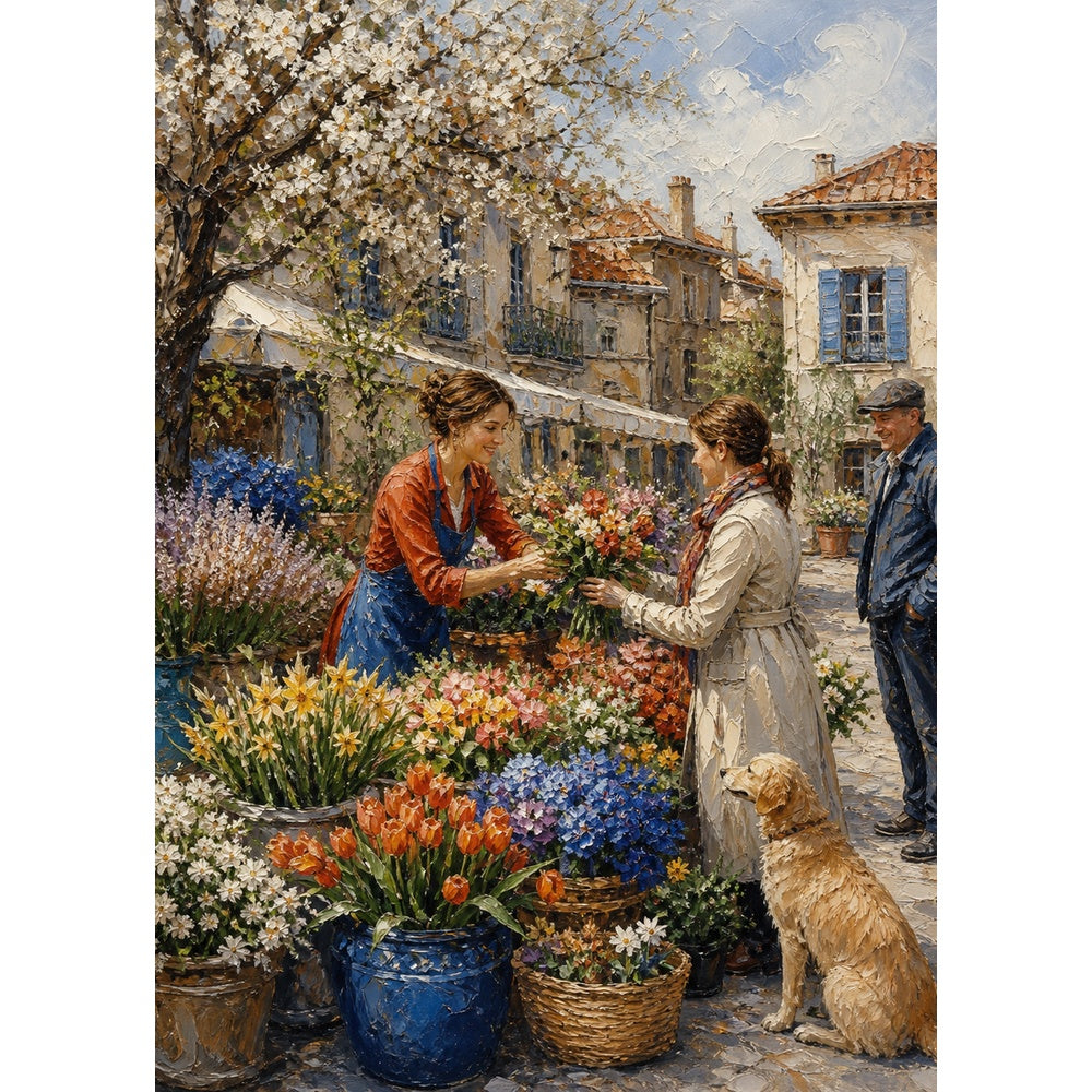 Quiet Spring Flower Market Oil Impasto Portrait Puzzle - puzzle artwork