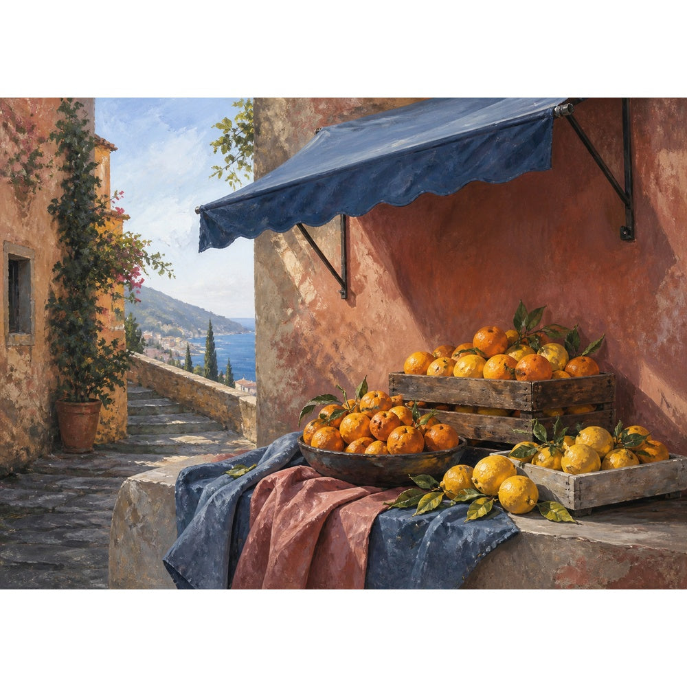 Moonlit Citrus Market Textile Quilt Landscape Puzzle - puzzle artwork