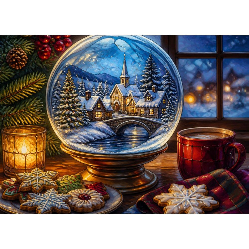 Rain Washed Snow Globe Cookie Table Stained Glass Landscape Puzzle - puzzle artwork