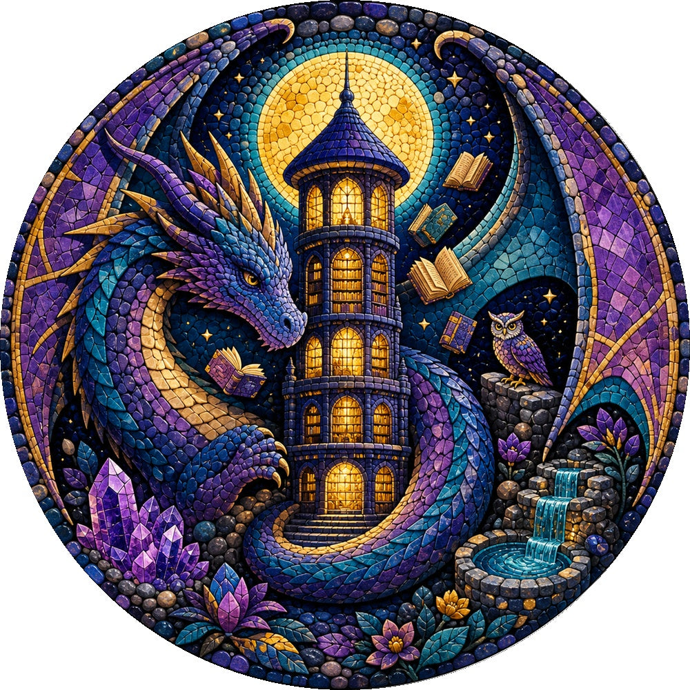 Moonlit Dragon Library Moon Round Puzzle - puzzle artwork