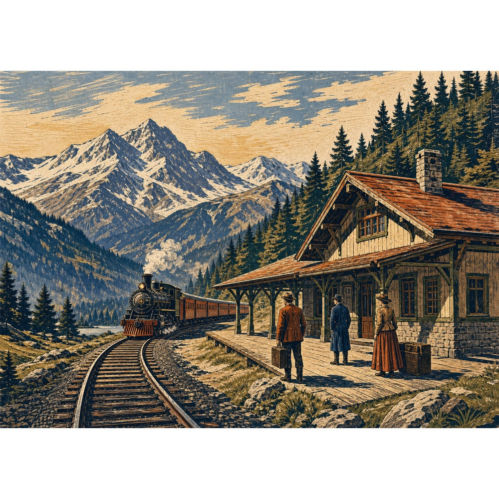 Vibrant Mountain Railway Station Woodblock Landscape Puzzle - puzzle artwork