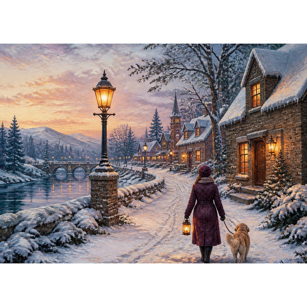 Sunlit Lantern Lit Winter Village Textile Quilt Landscape Puzzle - puzzle artwork