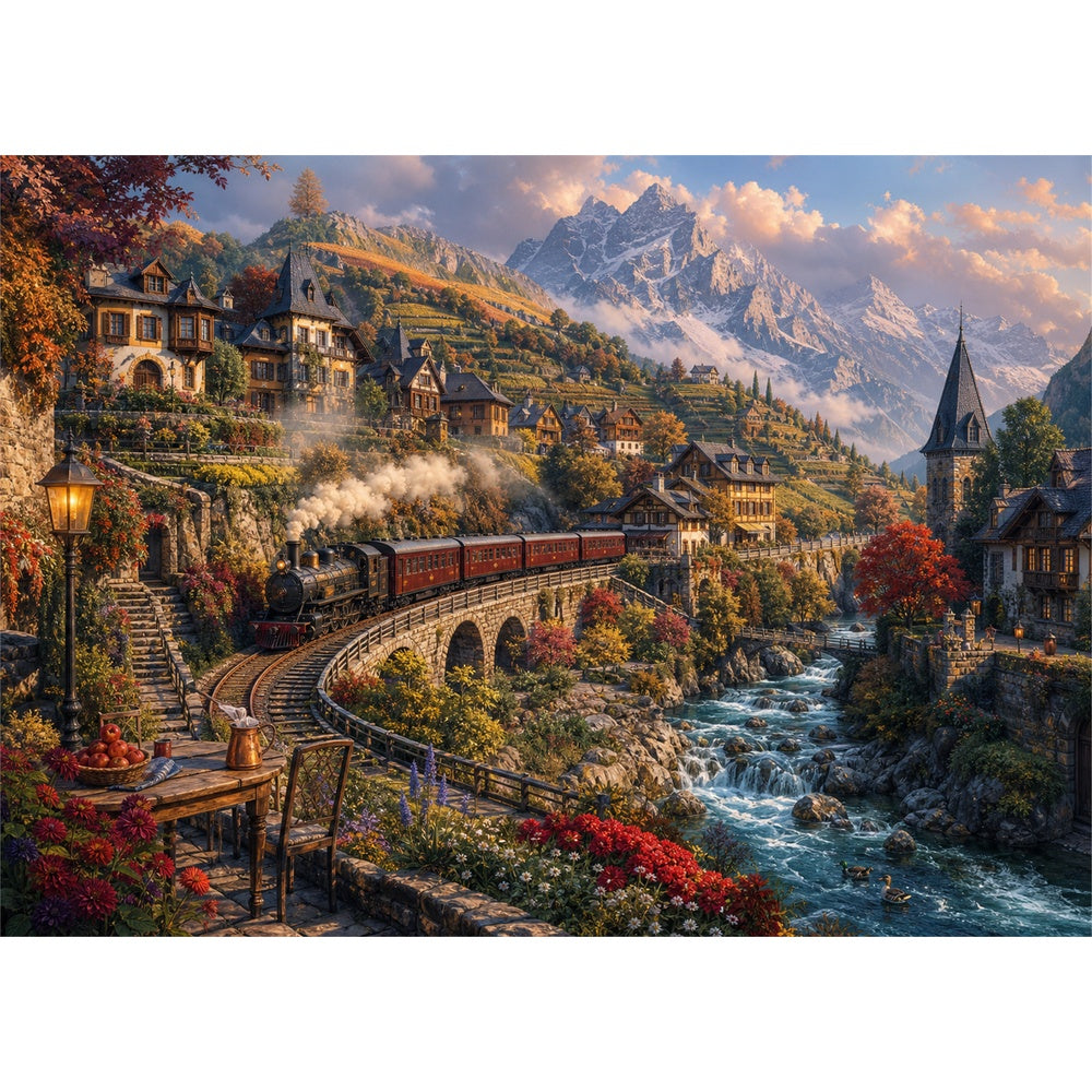 Amber Mountain Railway Town Landscape Puzzle - puzzle artwork