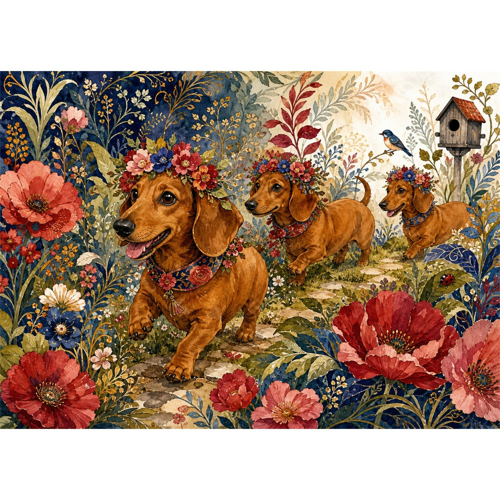 Amber Dachshund Flower Parade Landscape Puzzle - puzzle artwork
