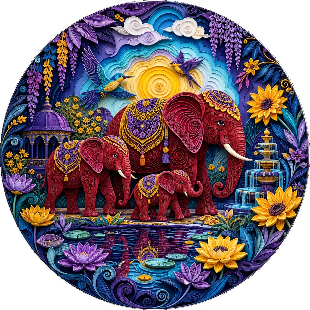 Crimson Elephant Garden Family Round Puzzle - puzzle artwork