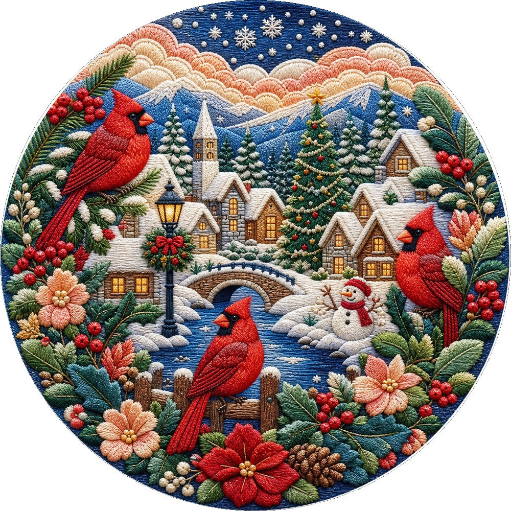 Wildflower Cardinal Winter Village Round Puzzle - puzzle artwork