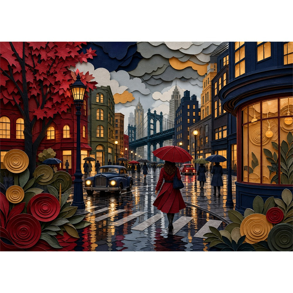 Silver Rainy Metropolis Crossing Landscape Puzzle - puzzle artwork