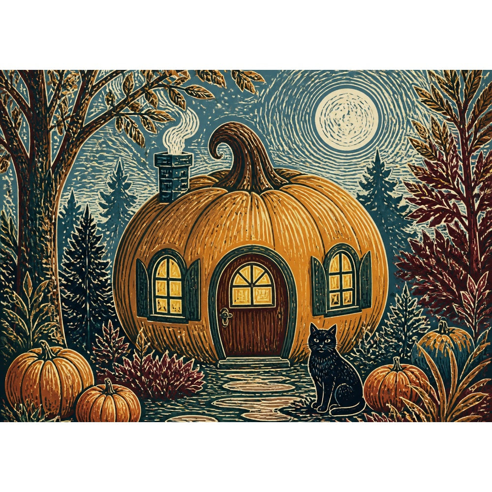 Vibrant Pumpkin Cottage Linocut Landscape Puzzle - puzzle artwork