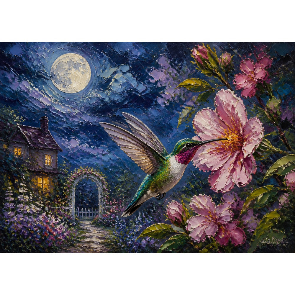 Moonlit Hummingbirds Landscape Puzzle - puzzle artwork