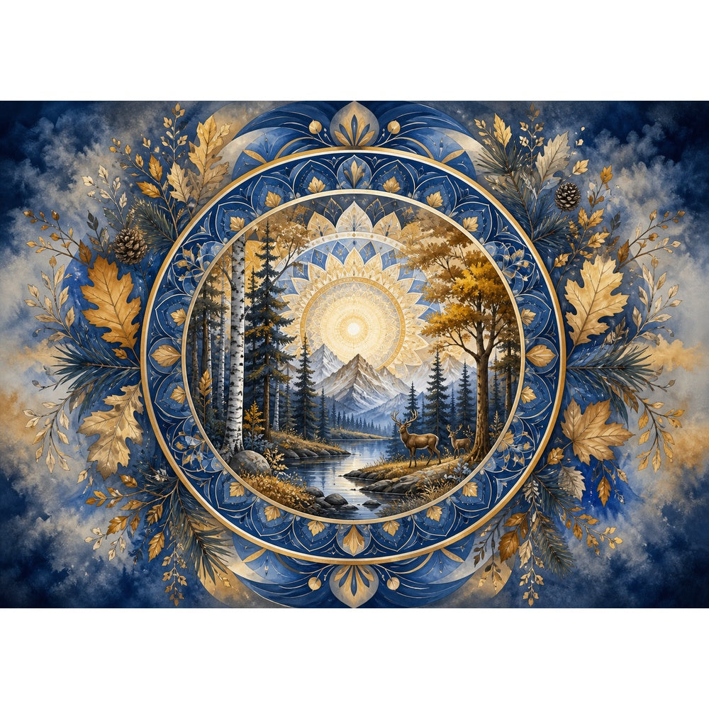 Golden Hour Stained Glass Forest Mandala Ornamental Landscape Puzzle - puzzle artwork