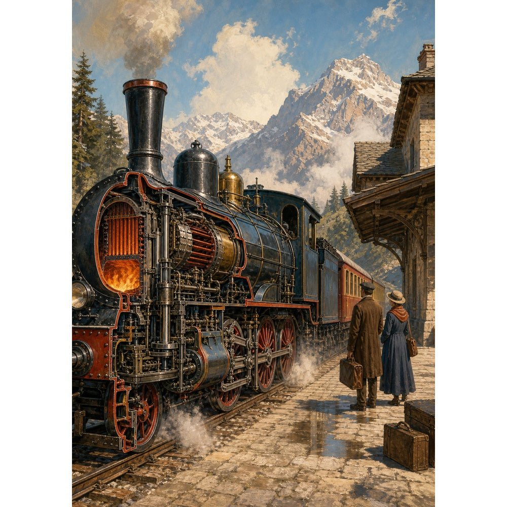 Sunlit Steam Train at a Mountain Station Retro Mechanical Portrait - puzzle artwork
