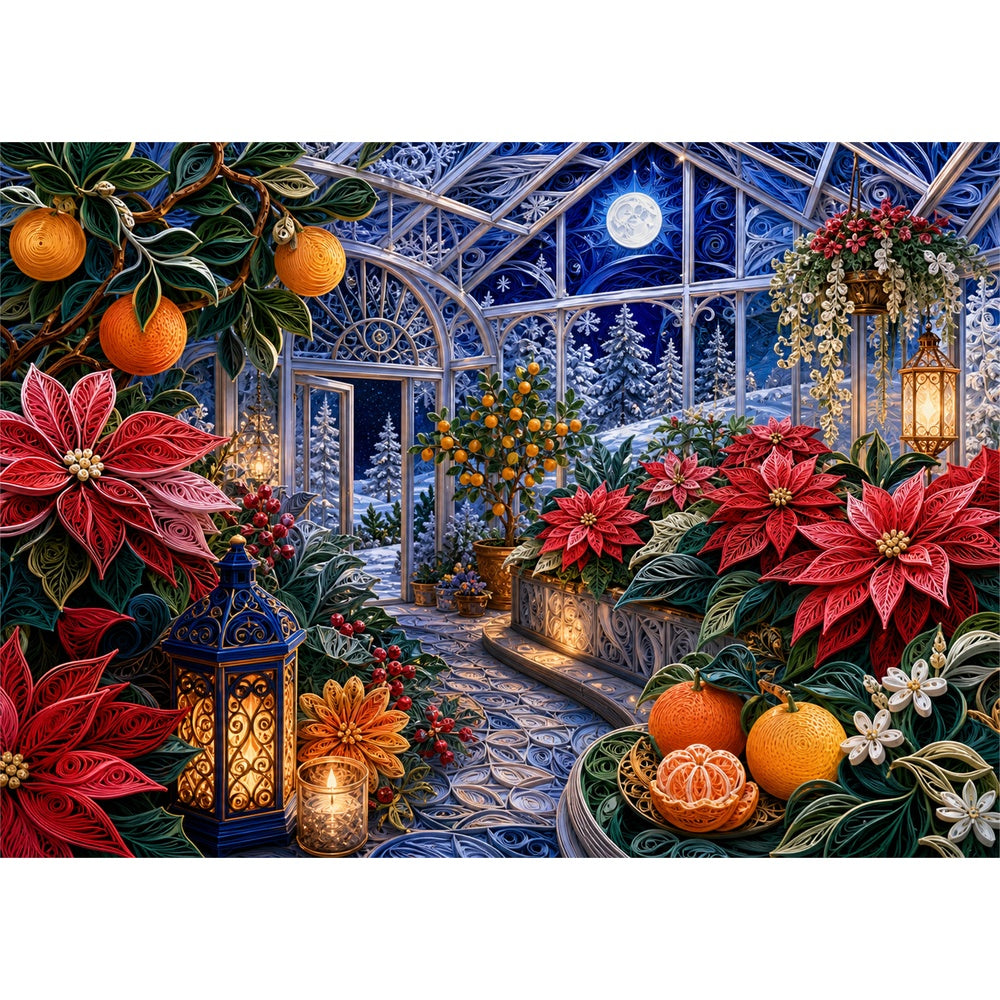 Moonlit Frosted Greenhouse Landscape Puzzle - puzzle artwork