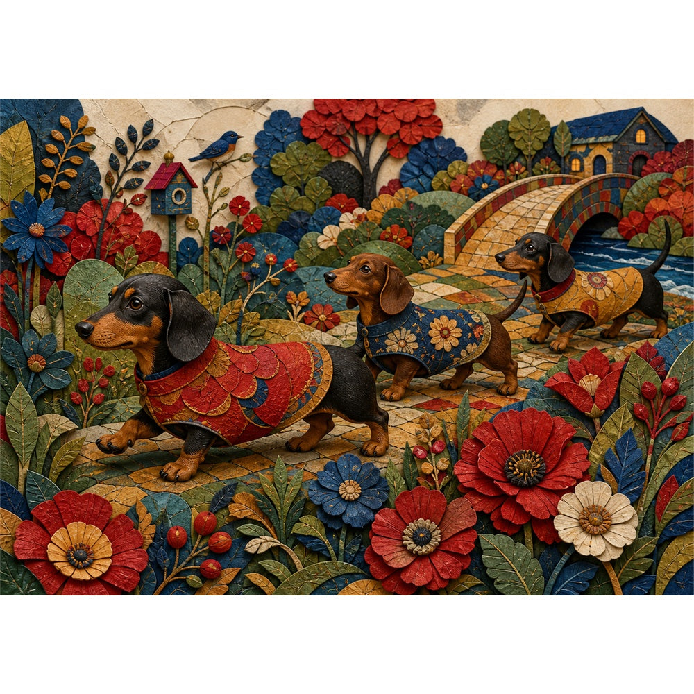 Rainwashed Dachshund Flower Parade Landscape Puzzle - puzzle artwork