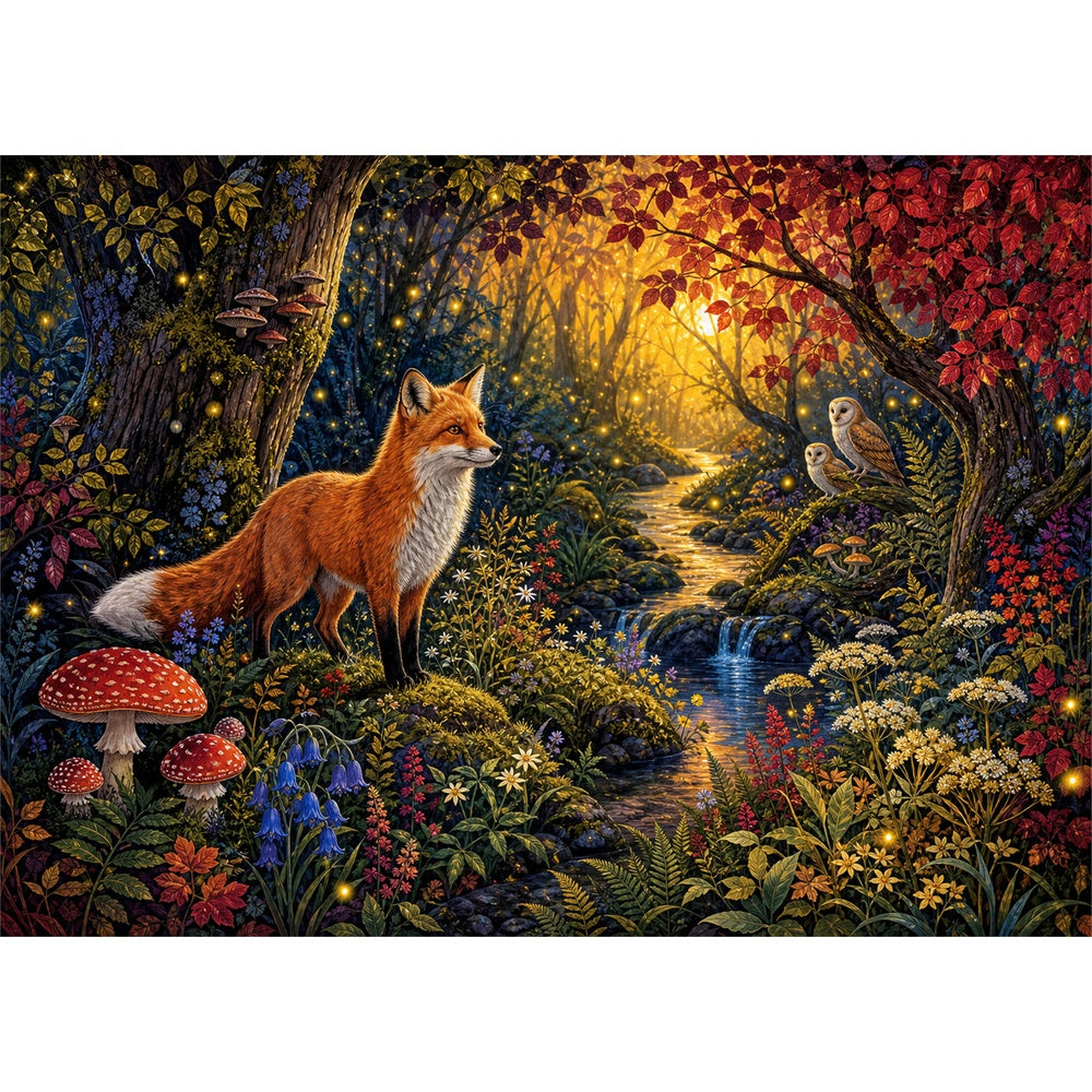 Sunlit Fox and Firefly Grove Landscape Puzzle - puzzle artwork
