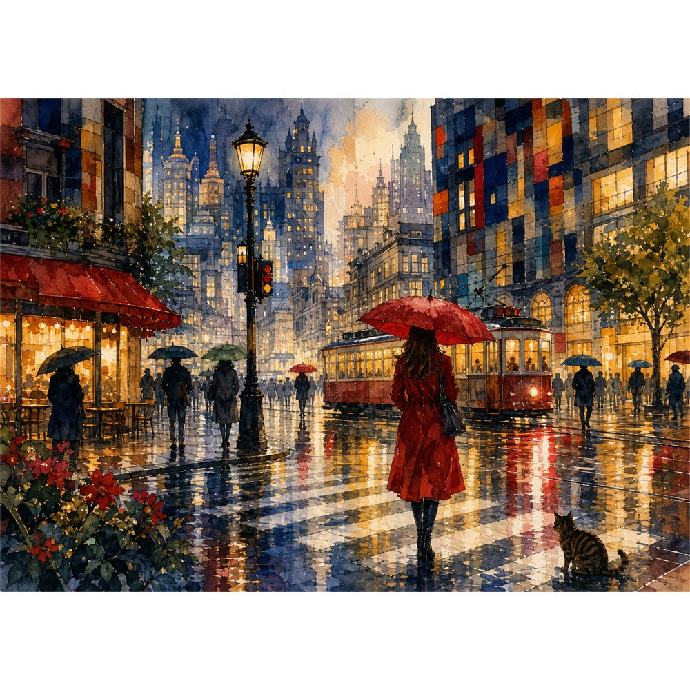 Secret Rainy Metropolis Crossing Landscape Puzzle - puzzle artwork