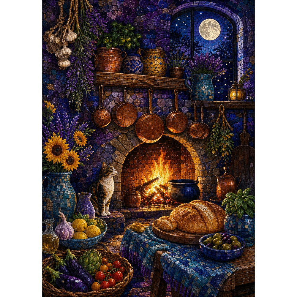Velvet Moonlit Kitchen Hearth Portrait Puzzle - puzzle artwork