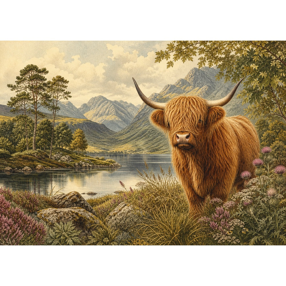 Luminous Highland Cattle Landscape Puzzle - puzzle artwork